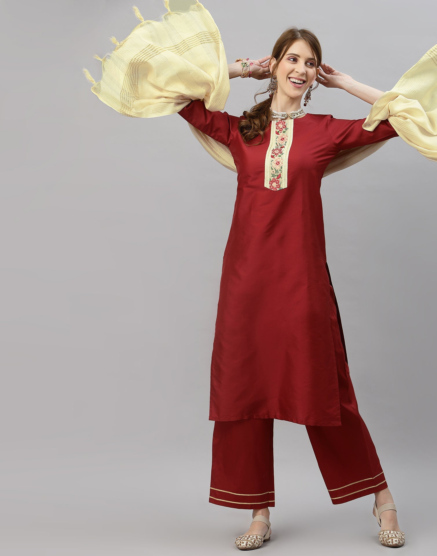 Maroon Embellishes with Embroidered Kurti Pant Set with Dupatta – Apparel  Designer